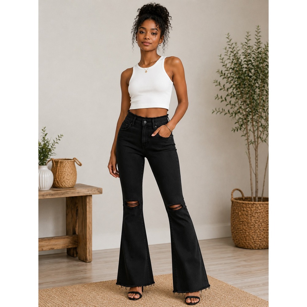 Women Black Flare Leg Pants High Rise Stretch Raw Hem Distressed Size 5